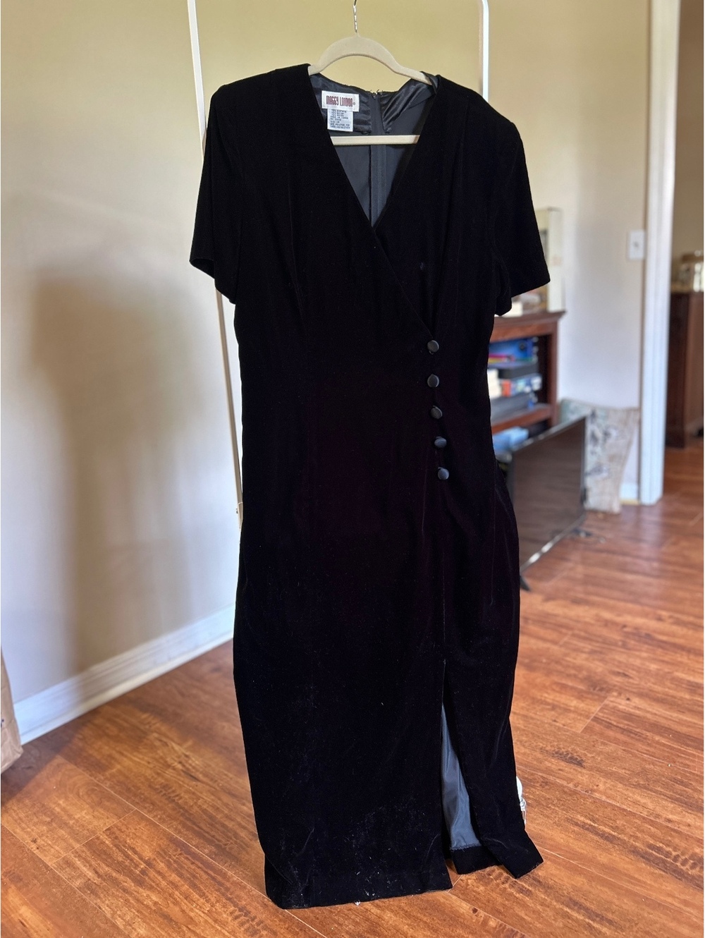 Vintage Black Velvet Midi Dress Size 14 with Side Buttons